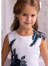 Beaded Navy Blue Lace White Tulle Tiered Flower Girl Dress